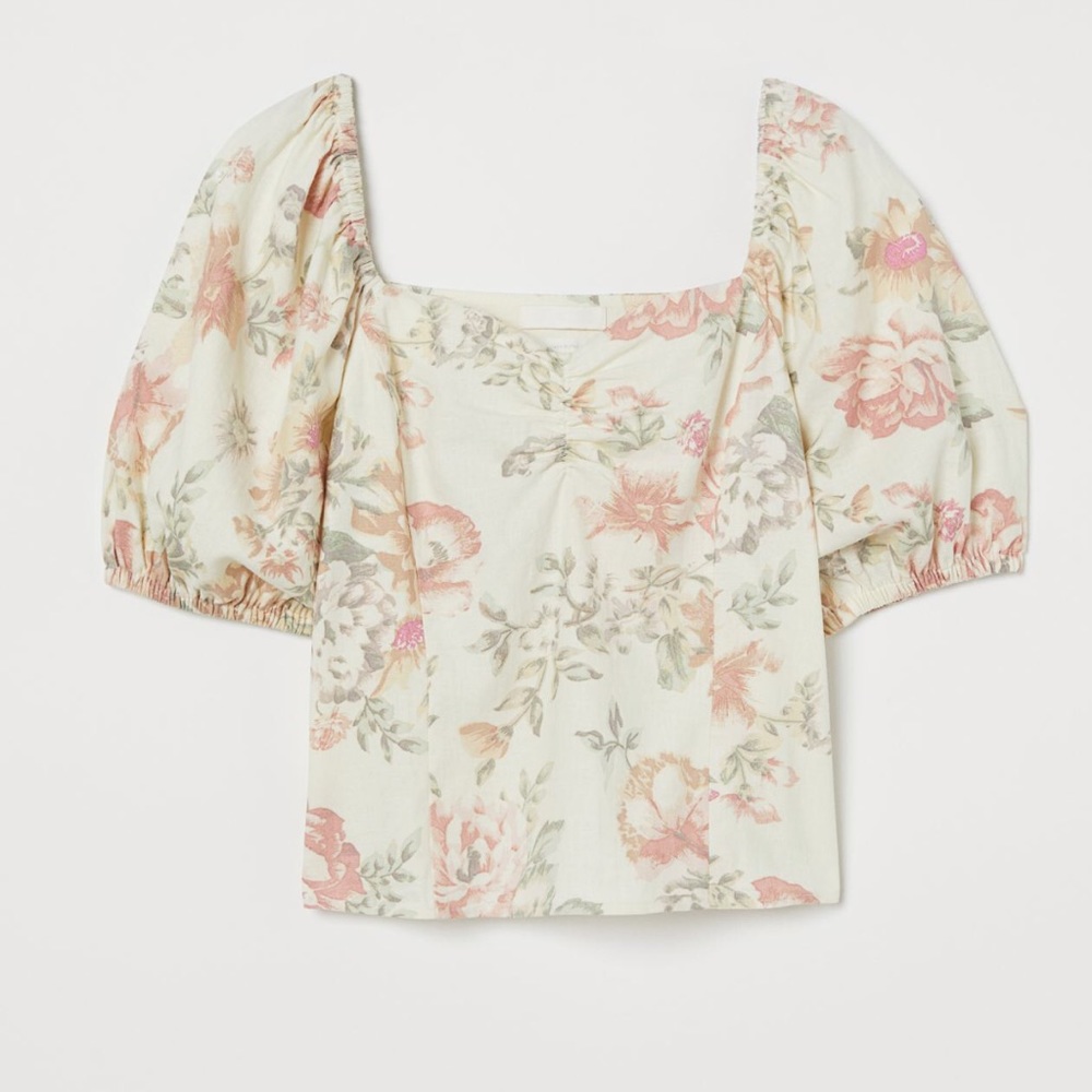 H&M Floral Linen Short Puff Sleeves Top